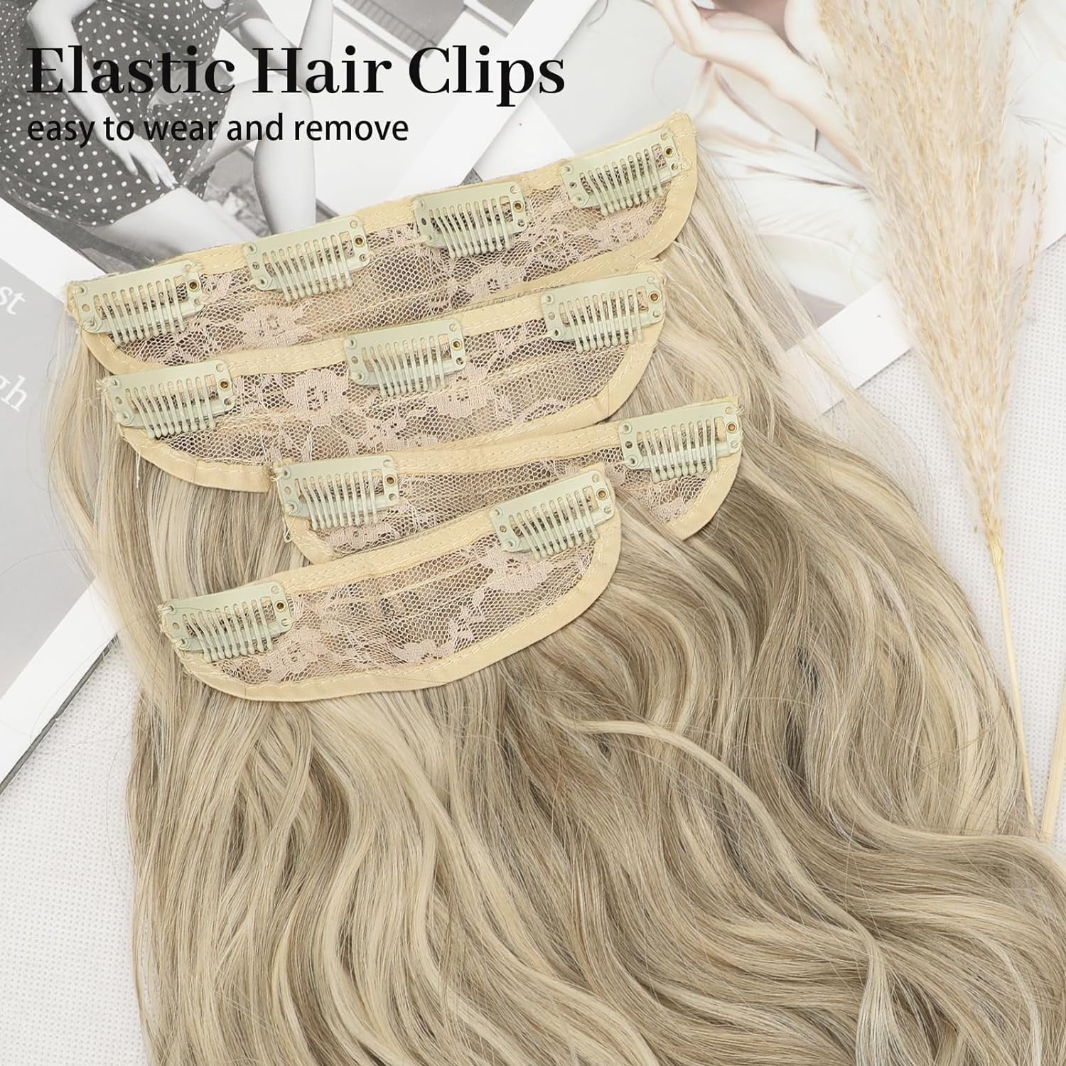 Clip in Long Wavy Synthetic Hair Extension 20 Inch Ash Brown Mixed Platinum Blonde 4PCS Thick Hairpieces Fiber Double Weft Hair for Women