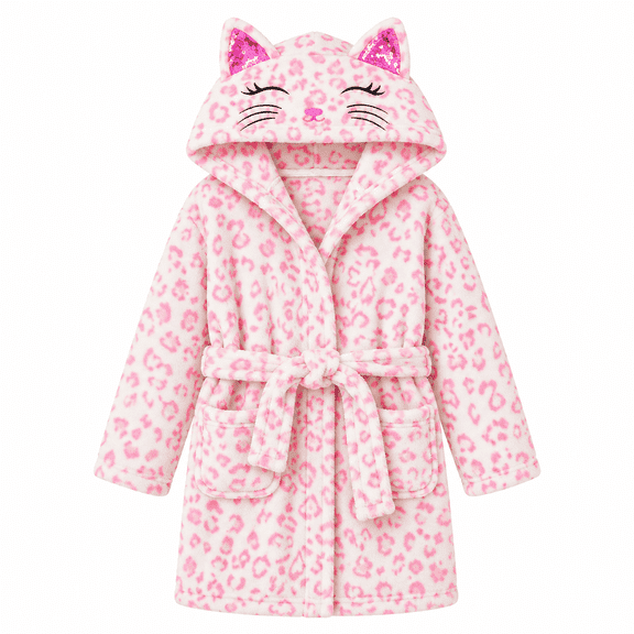 Lalune Duciel Girls Hooded Flannel Bathrobe with Embroidered Cat Design, Soft Kids Robe, Pink Leopard, Size 12Y