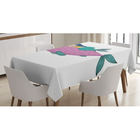 Mermaid Tablecloth, Baby Mermaid Sleeping on Top Giant Fish Happy Best Friends Kids Nursery Theme, Rectangular Table Cover for Dining Room Kitchen, 60 X 84 Inches, Purple Teal, by