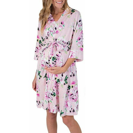 Women's Maternity Hospital Kimono Gown Pregnant Ladies Floral Sleepwear Pajama Maternity Robe Nightwear Dress Pink