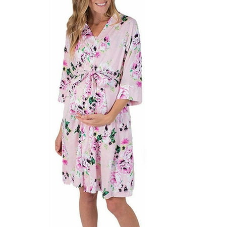 Kimono Dressing Gowns - Women's Maternity Hospital Kimono Gown Pregnant Ladies Floral Sleepwear Pajama Maternity Robe Nightwear Dress Pink S