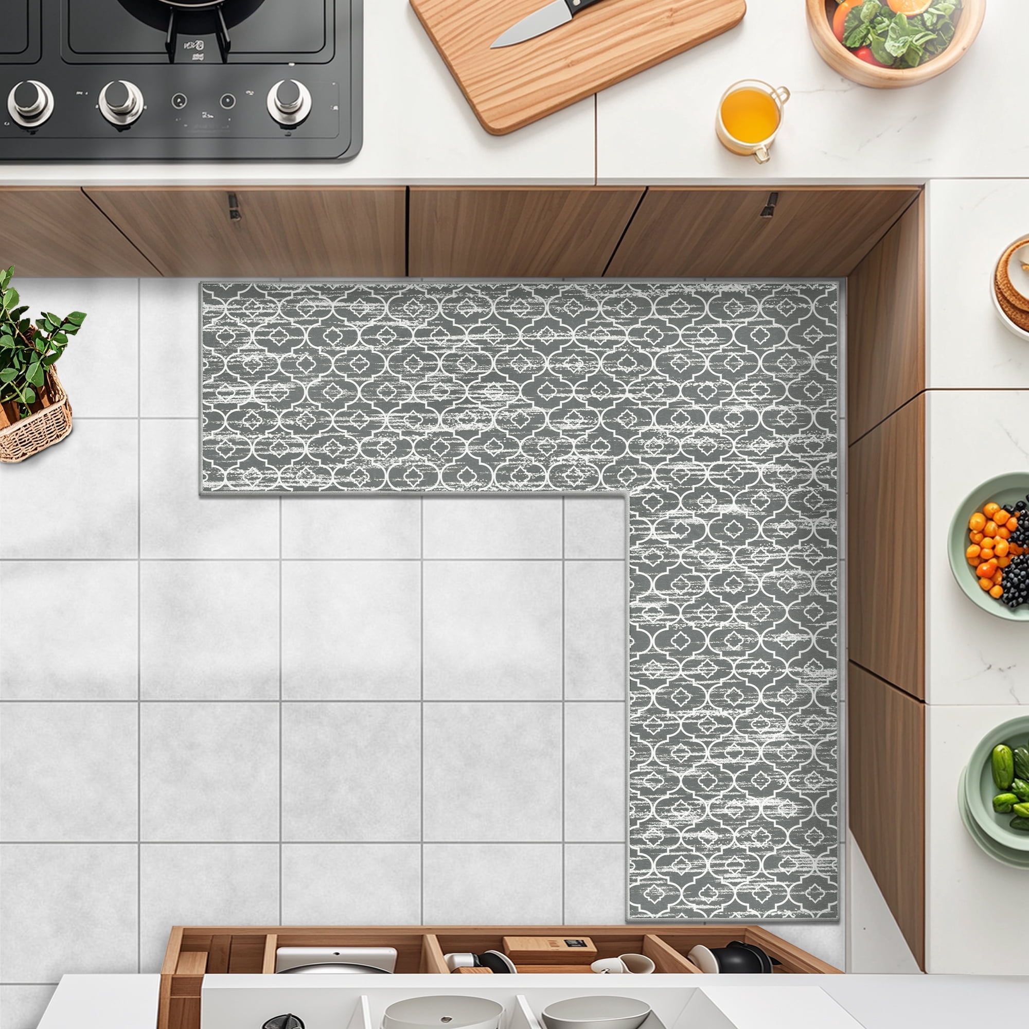 MeyJey Corner Kitchen Rug, 1 Piece Anti-Slip L Shape Kitchen Mat for Floor, Absorbent Runner in Front of Sink, Washable Floor Rugs for Home,Kitchen(Gray-L,24”x 71”x 71”)
