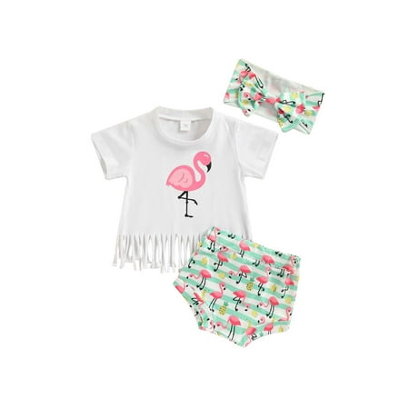 

CenturyX Sister Matching Clothes Sets 3pcs Flamingo Print Short Sleeve Tassel T-Shirt Long Flare Pants/Shorts Headband White Baby 6-12 Months