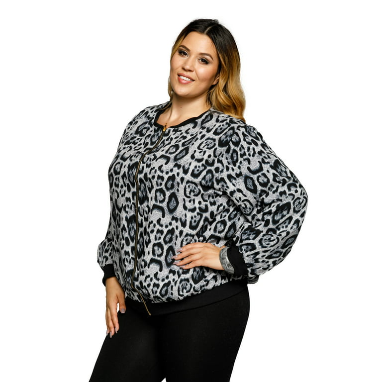 Xehar Women's Plus Size Leopard Print Bomber Jacket
