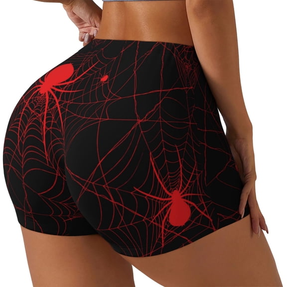 Gukieu Red Spider On The Web Print Women's Sports Shorts, Elastic Waist High Stretch Running Yoga Gym Sweatpants-Small
