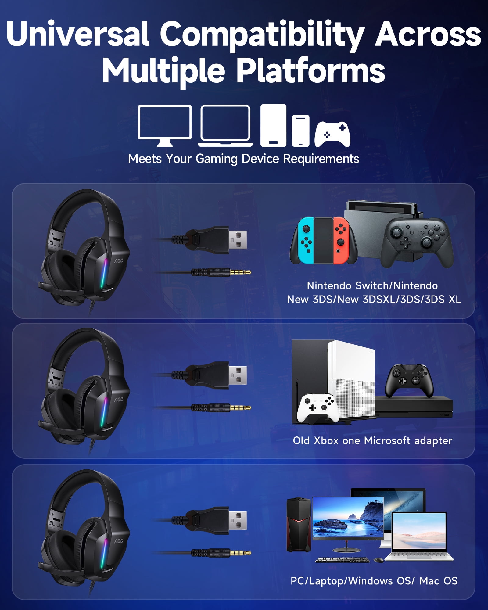 AOC Gaming Headset with Noise Cancelling Mic, Wired Gaming Headphone for PC, PS5, Xbox Series, Xbox Headset, Switch, MAC, High-Quality Sound, RGB Light, Foldable, Portable, Black