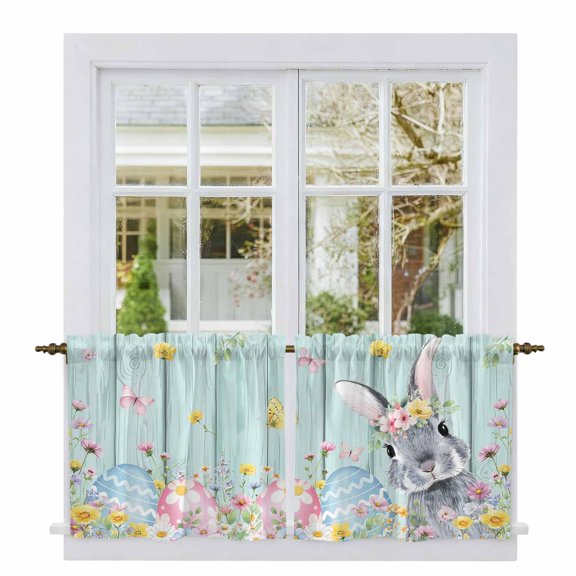 Easter Bunny Tier Curtains 36 Inch Length, Blue Easter Eggs Spring Floral Teal Wooden Cafe Short Curtains for Bathroom Over Sink, Small Kitchen Curtain Light Filtering Drapes 2 Panels 27.5"Wx36"L