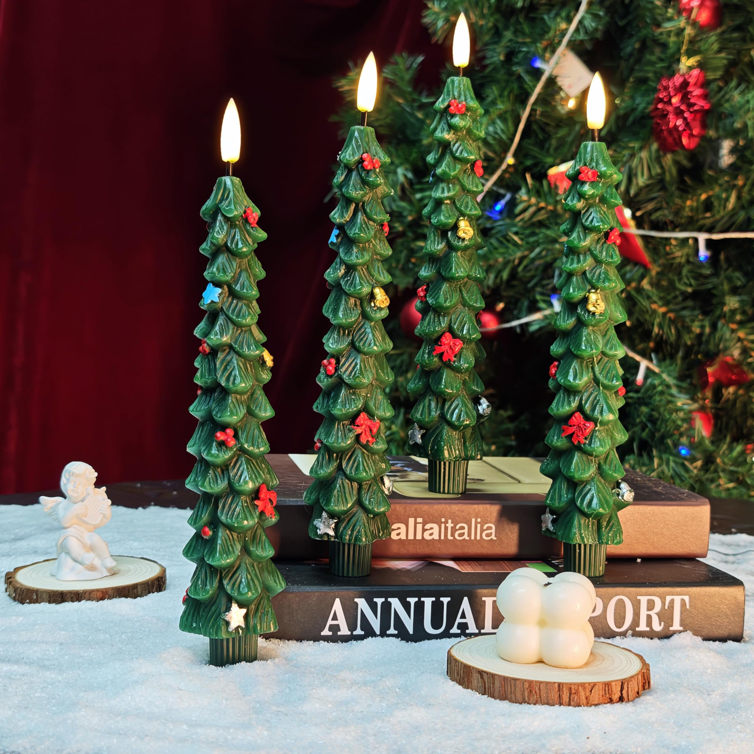 Christmas Tree Flameless Candles with Remote and Timer, Real Wax Battery Operated 3D Wick LED Taper Candles Flameless Flickering Candles for Christmas Holiday Decor(4 PCS)