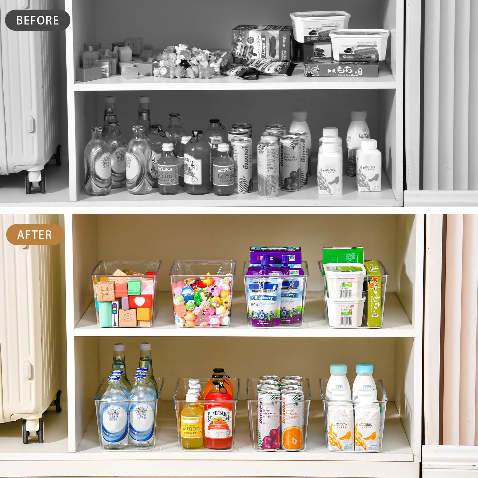 12 Pack Clear Plastic Pantry and Cabinet Storage Bins with Handles, Durable Acrylic Organizers for Fridge and Kitchen Shelves, Space-Saving Containers