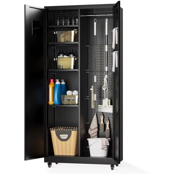 Metal Broom Closet, Garage Storage Cabinet, Tool Chest Bathroom Cabinet with Locking Doors and Wheels, 72" Tall Utility Cabinet with Hanging Rod, Freestanding Storage Cabinet for Cleaning Supplies