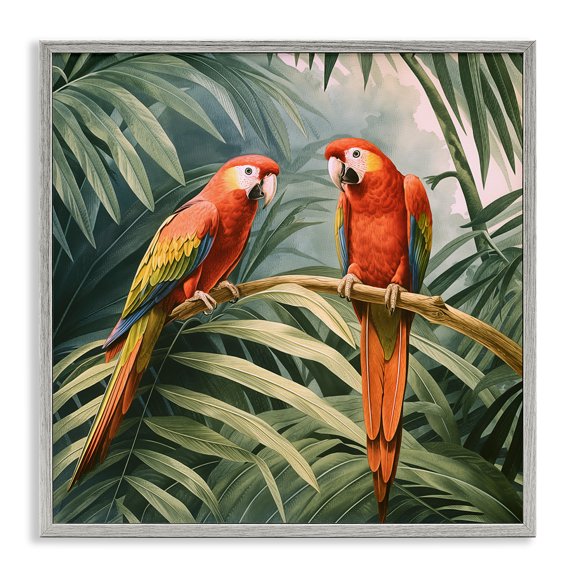 Stupell Industries Parrot Duo in Rainforest Animals Painting Gray Framed Art Print Wall Art, 12 x 12