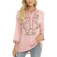 thumbnail image 2 of Women's Mexican Embroidered Tops Bohemian Clothes 3/4 Sleeve V Neck Boho Shirts Peasant Tunics Blouses, 2 of 7