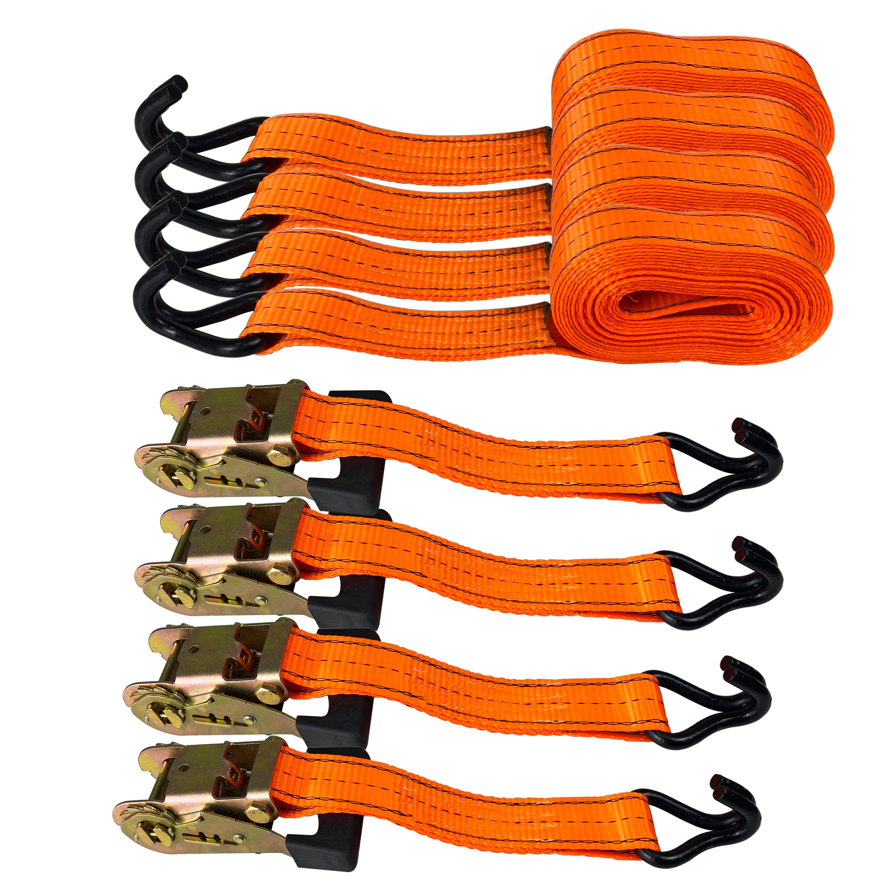 HFS(R) 4Pcs 1.5" x 15 ft Heavy Duty Ratchet Cargo Tie Down Straps 3000 lbs Dual J-Hooks Orange