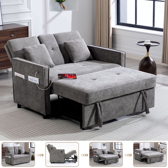 Pikvki 3 in 1 Convertible Sleeper Sofa Bed with Charging Station, Pull Out Couch Bed with Adjustable Backrest for Living Room (Gray)
