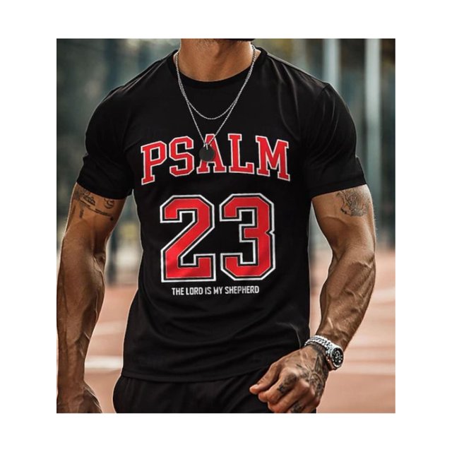 Men's 100% Casual T-Shirt with Psalm 23 Print - Round Neck, Short Sleeve, All-Season Comfort, Perfect for Outdoor Activities & Holiday Gifts, Outdoor Apparel | Geometric Print Tee | Fabric