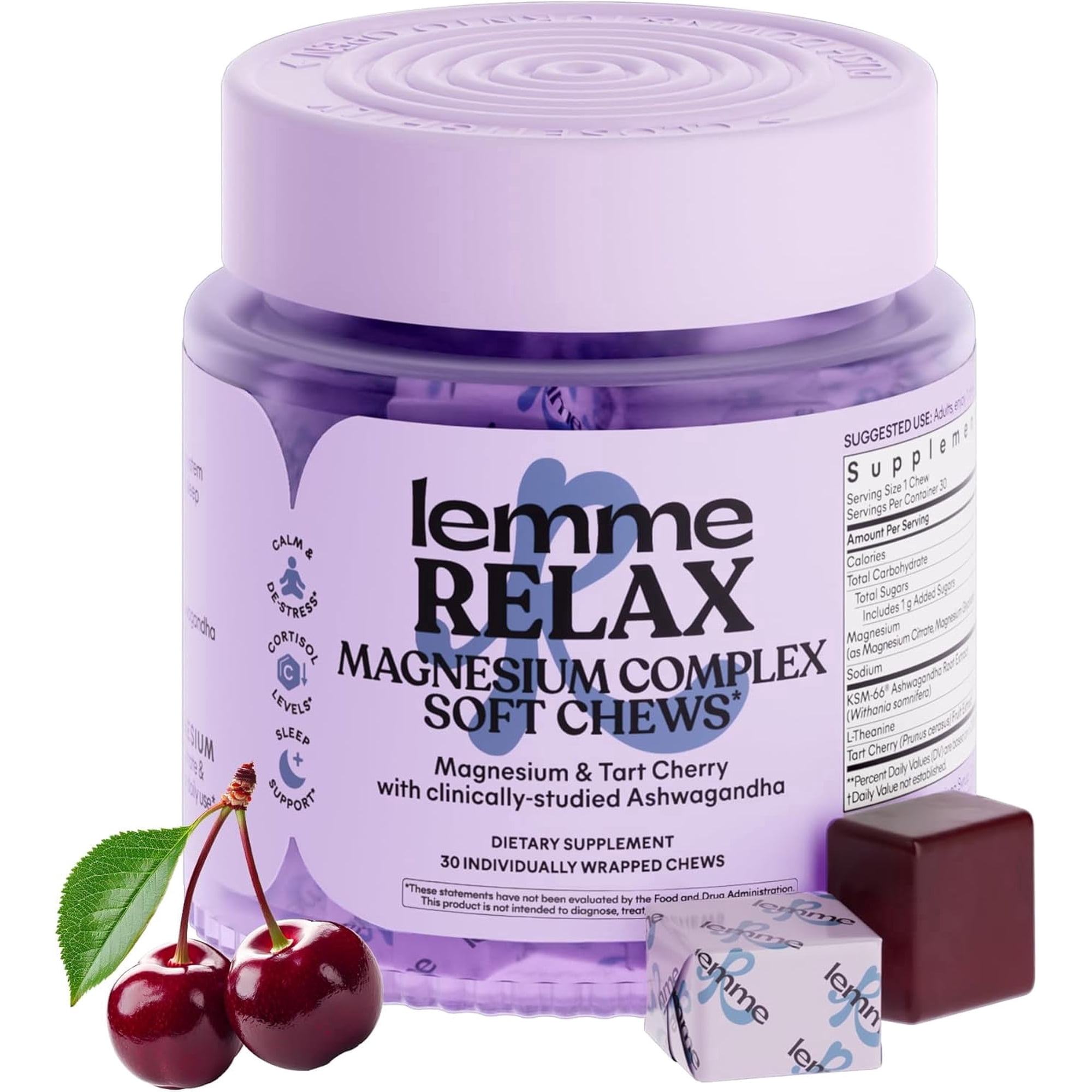 Lemme Relax Soft Chews with Magnesium Glycinate & Citrate, KSM-66 Ashwagandha + L-Theanine to Support Stress Relief, Cortisol Levels, Mood & Healthy Sleep Cycles, BlackBerry Lemonade (30 Chews)