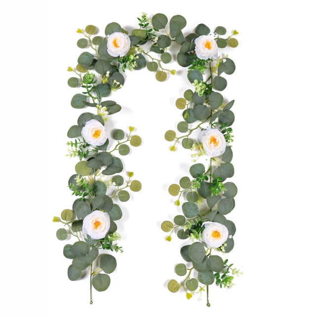 Guirnalda de flores artificiales de 1,9 m con rosas falsas de gypsophila, enredaderas de flores de seda para arcos de boda, fiestas, hogar, mesas, paredes y repisas, decoraciones realistas de plantas