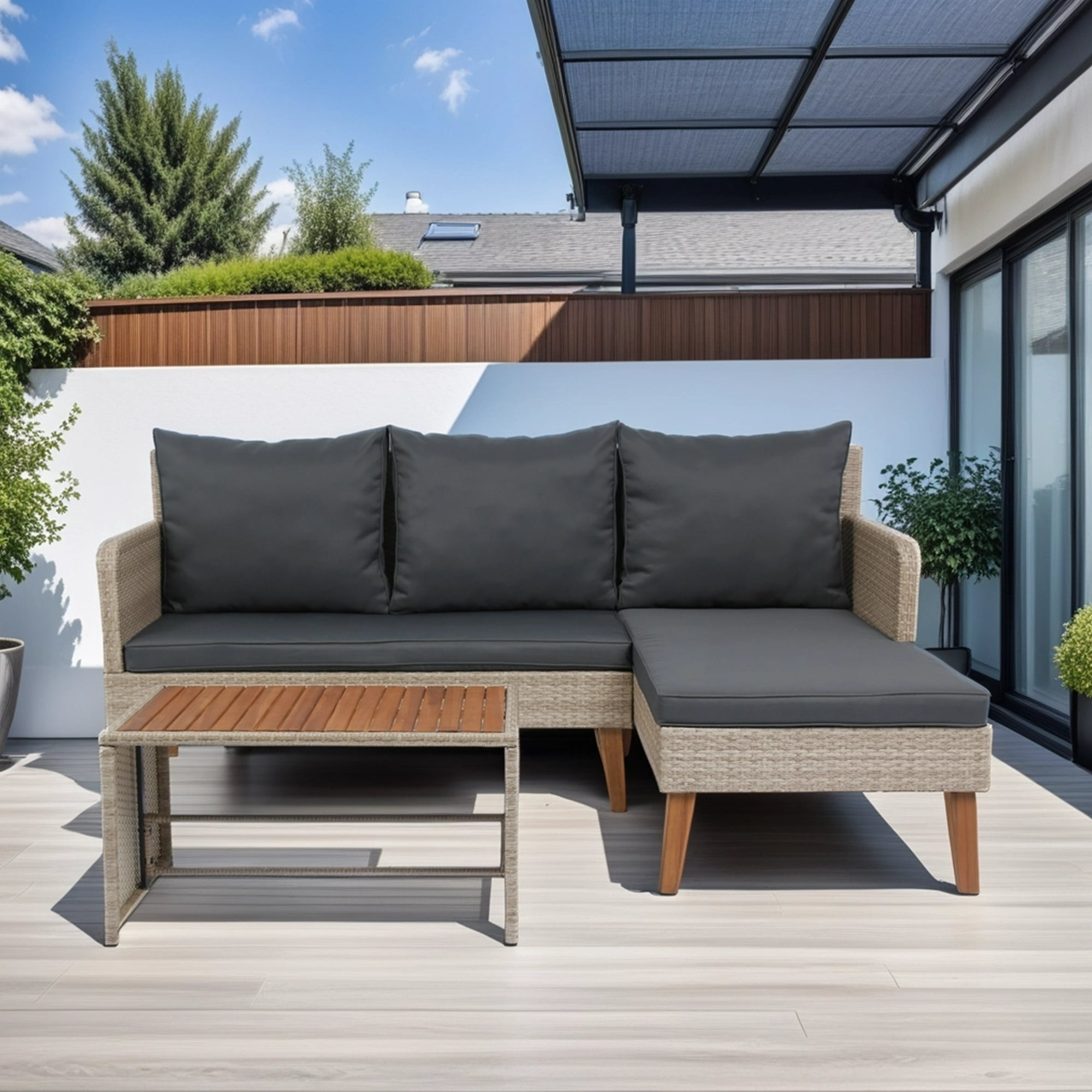 3 Pieces Patio Furniture Set,Outdoor Wicker Rattan Sectional L- Shaped Sofa with Ottoman,Wicker Conversation Set with Coffee Table for Backyard Poolside,Yellow Wicker + Dark Grey Cushion