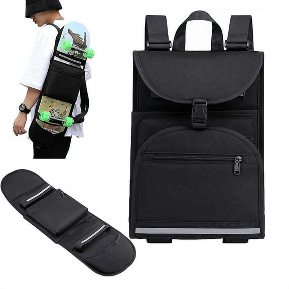 Foldable Skateboard Backpack, Convertible Carrier Travel Bag with Adjustable Shoulder Straps for Regular Skateboards, Black