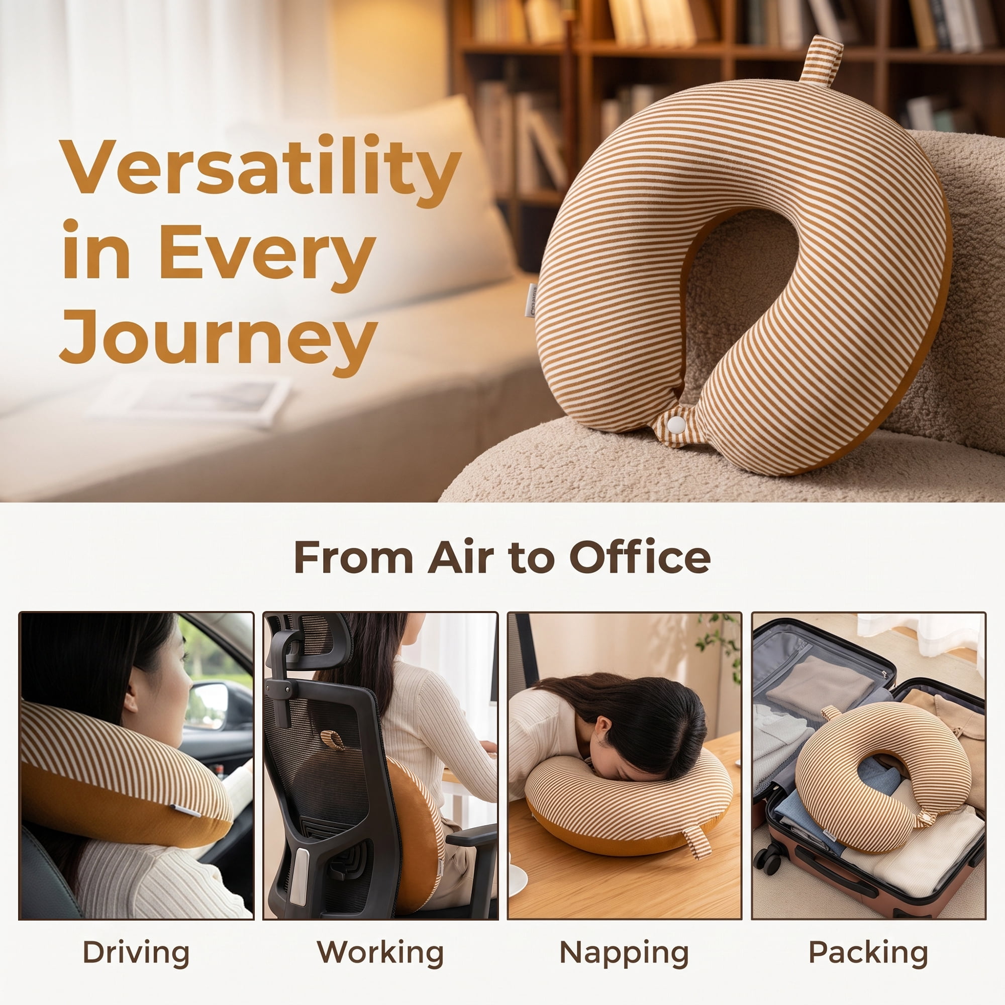 Unique Bargains Memory Foam Neck Pillow U Shape Snap Closure for Office Brown 11"x12"x4"