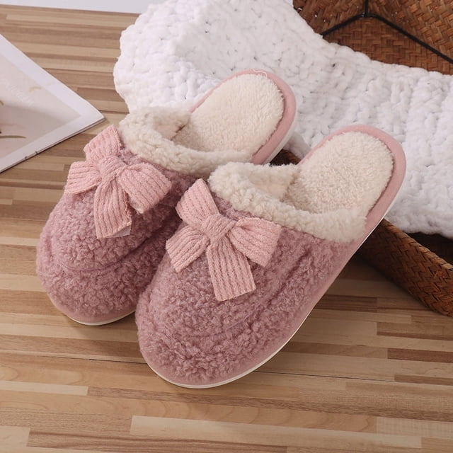 Zapatillas de algodón para mujer, lindas zapatillas de invierno con lazo, suela gruesa, zapatillas de algodón antideslizantes para el hogar, zapatillas de confinamiento engrosadas