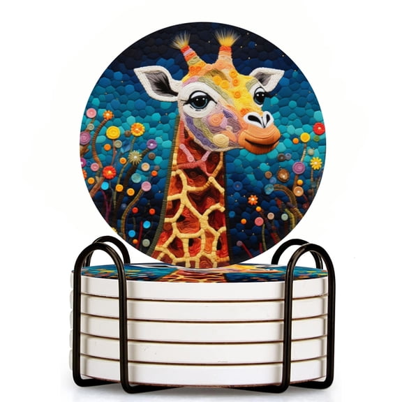 Happy Giraffe With Colorful Background Set of 6 Ceramic Coasters with Holder, Absorbent Drink Bar Coasters, Table Coasters for Living Room Decor Tabletop Protection