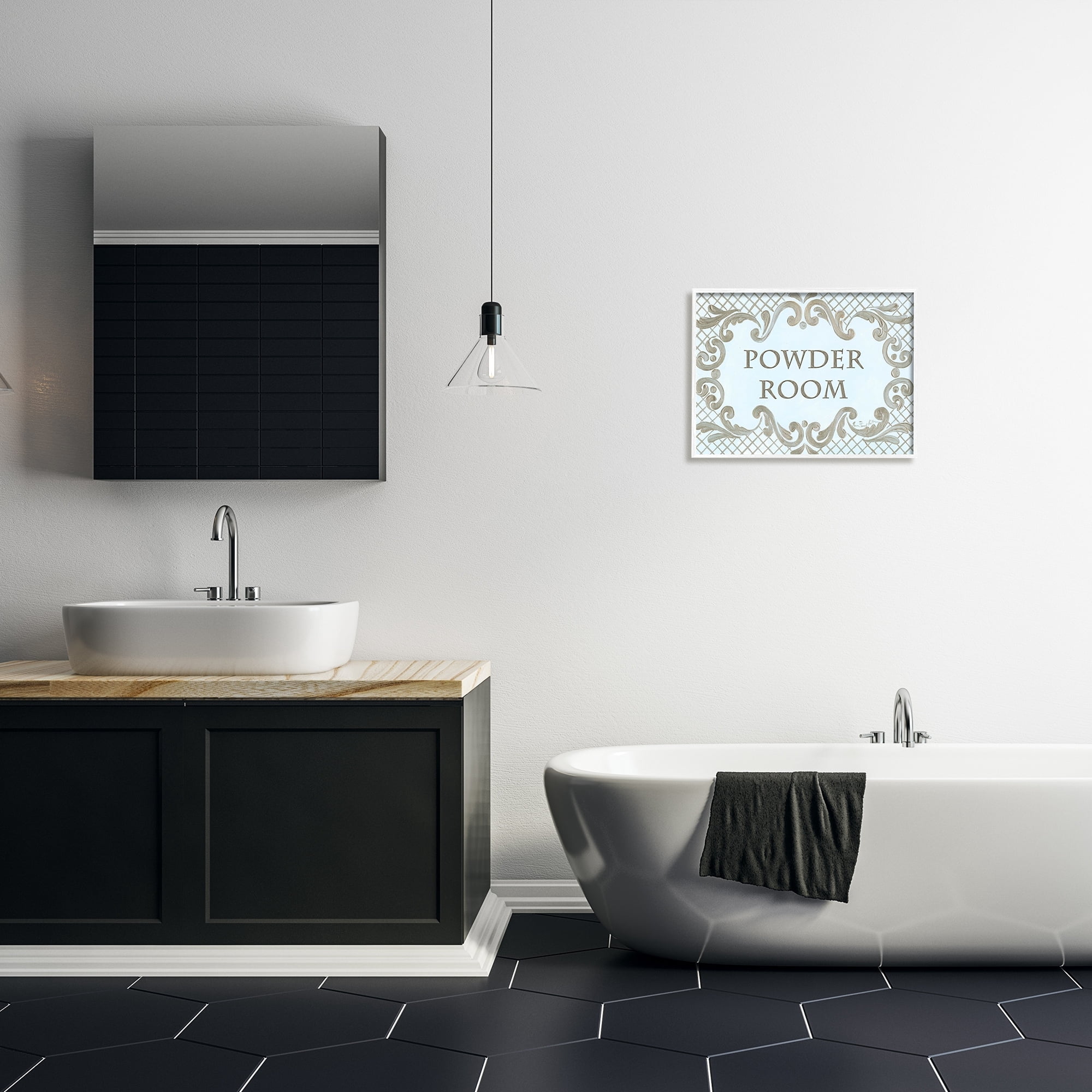 Stupell Industries Powder Room Aqua and Gold Lattice Bathroom, 16 x 20,Design by Jane Keltner