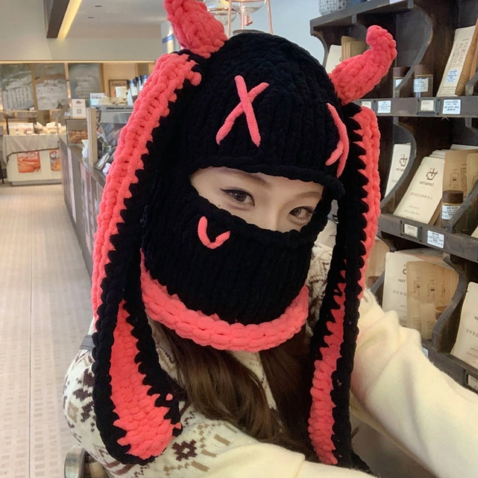 Bunny Ear Hat, Knitted Winter Beanie, Pink Bunny Ear & Devil Horn Balaclava Mask for Women – Soft Polar Winter Mask, Cute Cosplay & Halloween Costume Accessory