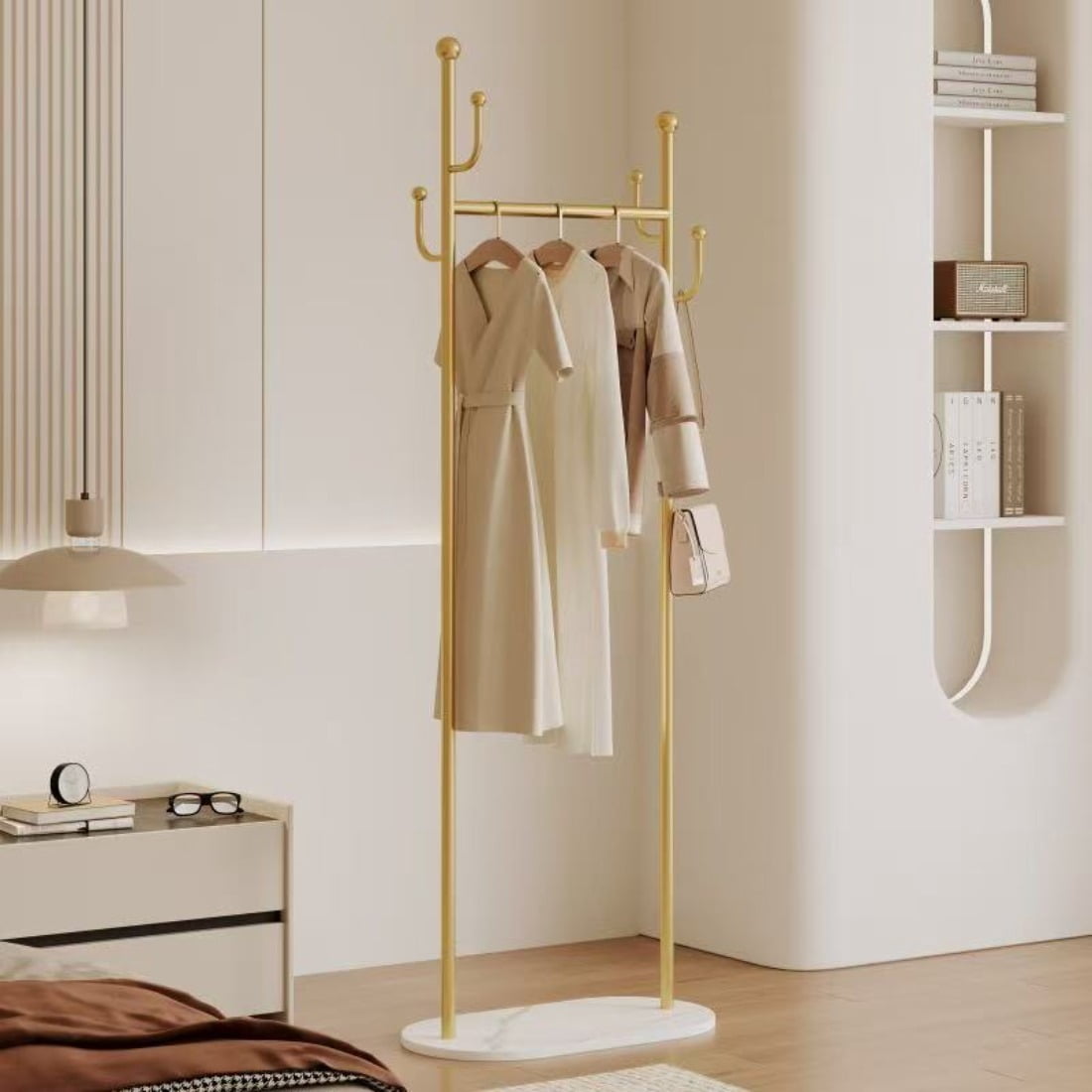 Freestanding Metal Coat Rack, Gold Frame with White Storage Shelf, Heavy Duty Hallway Clothes Hanger with Side Hooks for Entryway Bedroom Office