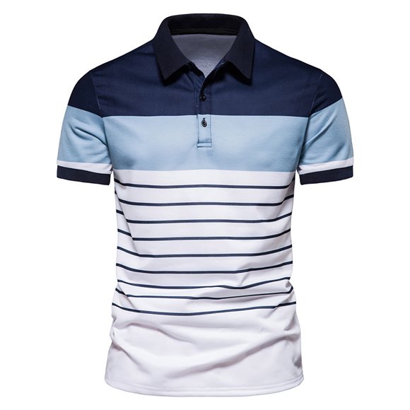 lcziwo Golf Shirts for Men Short Sleeve Button Collar Shirts Color Block Striped T Shirt Performance Moisture Wicking Shirt 2024 Navy M