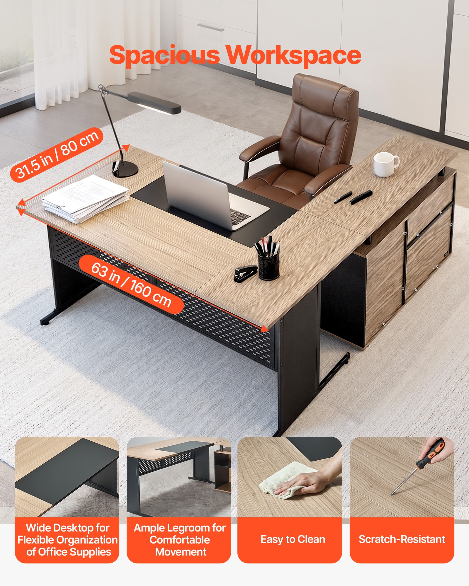 VEVOR L-Shaped Executive Desk, Modern Reversible Office Table with Drawers & Storage Cabinet, Heavy Duty Large Wooden Executive Table, 350 LBS Load Capacity, Easy Assembly, for Work Study Writing