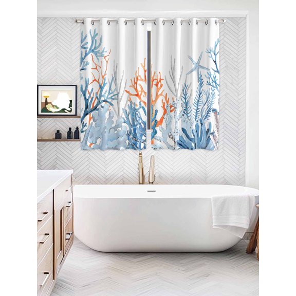 Coastal Coral Window Curtains Panels with Silver Grommet, Blue Ocean Starfish Seagrass Watercolor Kitchen Cafe Curtain Draperies Window Treatment Set for Living Room/Bedroom/Laundry/Bathroom, 104x84