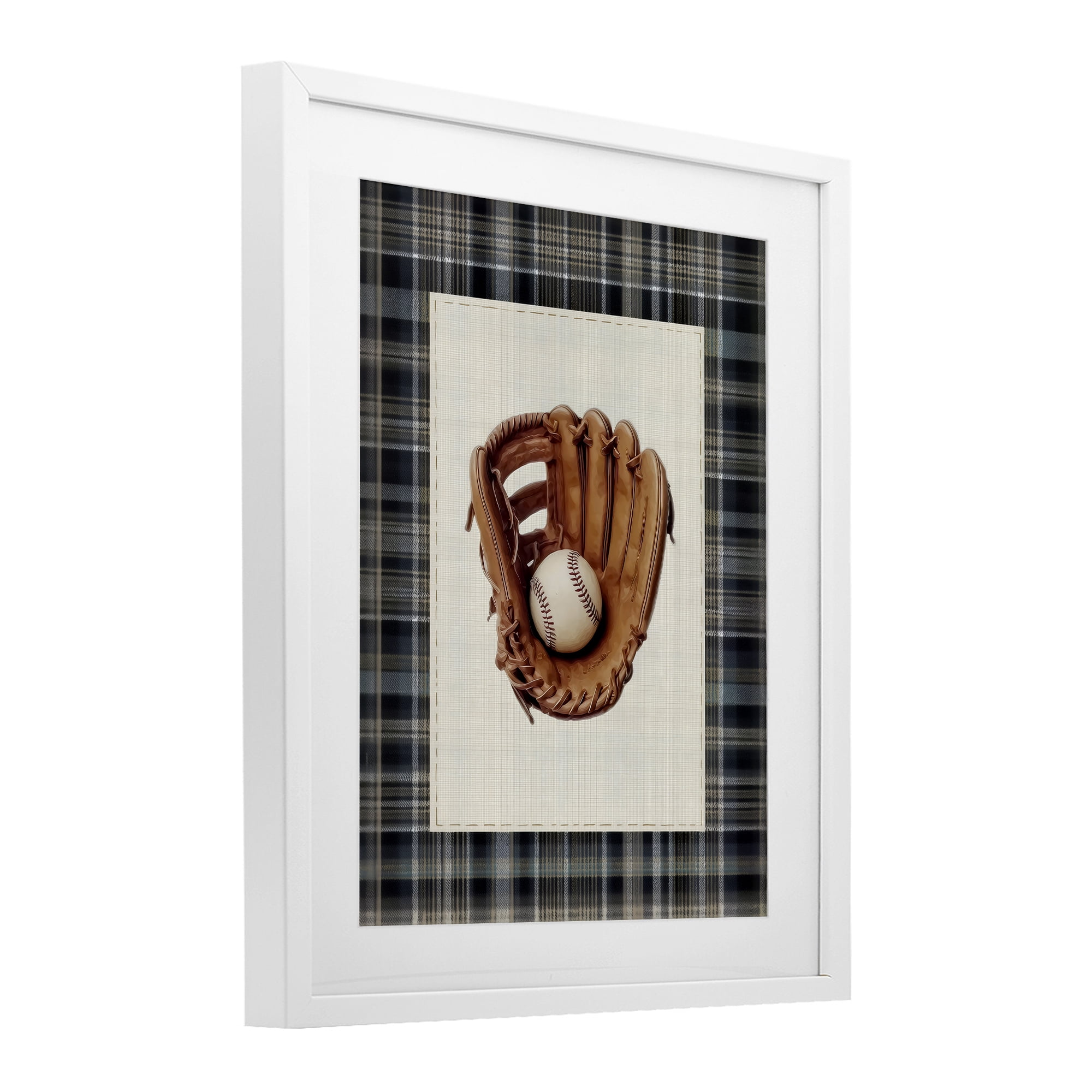 Stupell Industries Baseball Glove with Plaid White Framed Print Under Glass, design by Arlington Prints