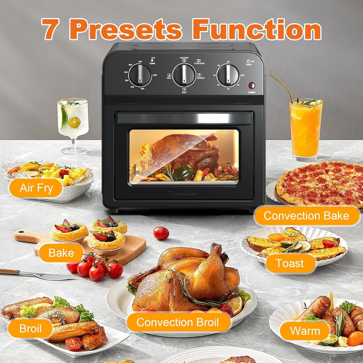 PlumChef 13 Quart 4 Slices Air Fryer Convection Toaster Oven, 1500W, Multifunction Oven for Roast, Bake, Grill, Broil, Toast,Black