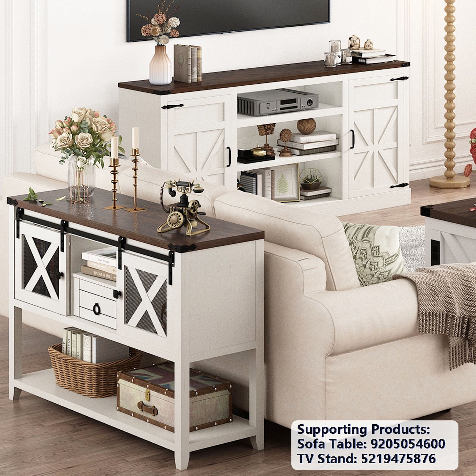 ANPOO Rustic Sofa Table, Large Console Table Entryway Table with 2 Barn Door Cabinets & 1 Drawer for Living Room