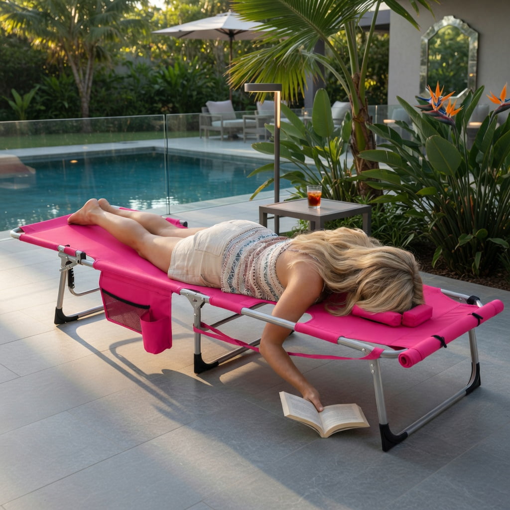 Hommoo Portable Folding Tanning Chair with Face Hole & Adjustable Backrest, Lightweight Sunbathing Lounger for Beach, Pool, and Backyard, Pink