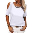 thumbnail image 1 of Camiseta de manga corta de color puro para mujer Blusa de manga corta de color liso transpirable holgada con hombros descubiertos Blanco S, 1 of 6