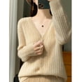 thumbnail image 4 of Suéter 100% de lana pura para otoño e invierno, nuevo cárdigan de moda para mujer con agujeros, chaqueta de suéter de punto informal con cuello en V, 4 of 5