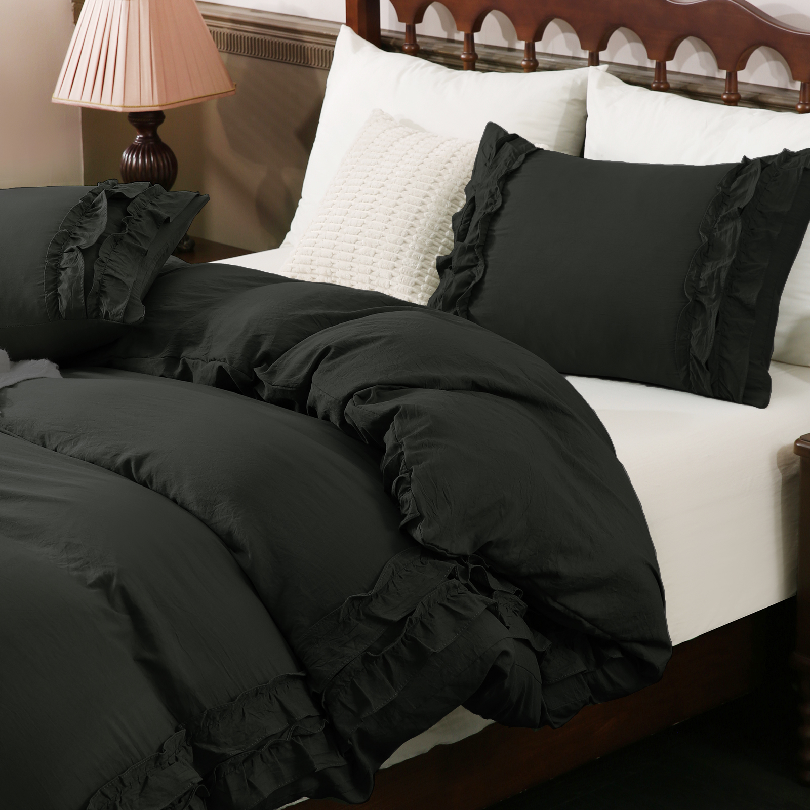 White Ruffle Duvet Cover Set Queen Size Shabby Chic Bedding Set Ruffled Farmhouse Pure White Comforter Cover Boho Duvet Cover Set
