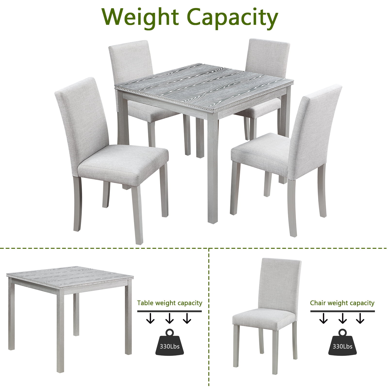 MAYEERTY 5 Piece Wooden Dining Table Set, Kitchen Table Set with a Square Table and 4 Upholstered Chairs, Wooden Dining Room Table with Crystal Decoration Chairs Set Silver grey