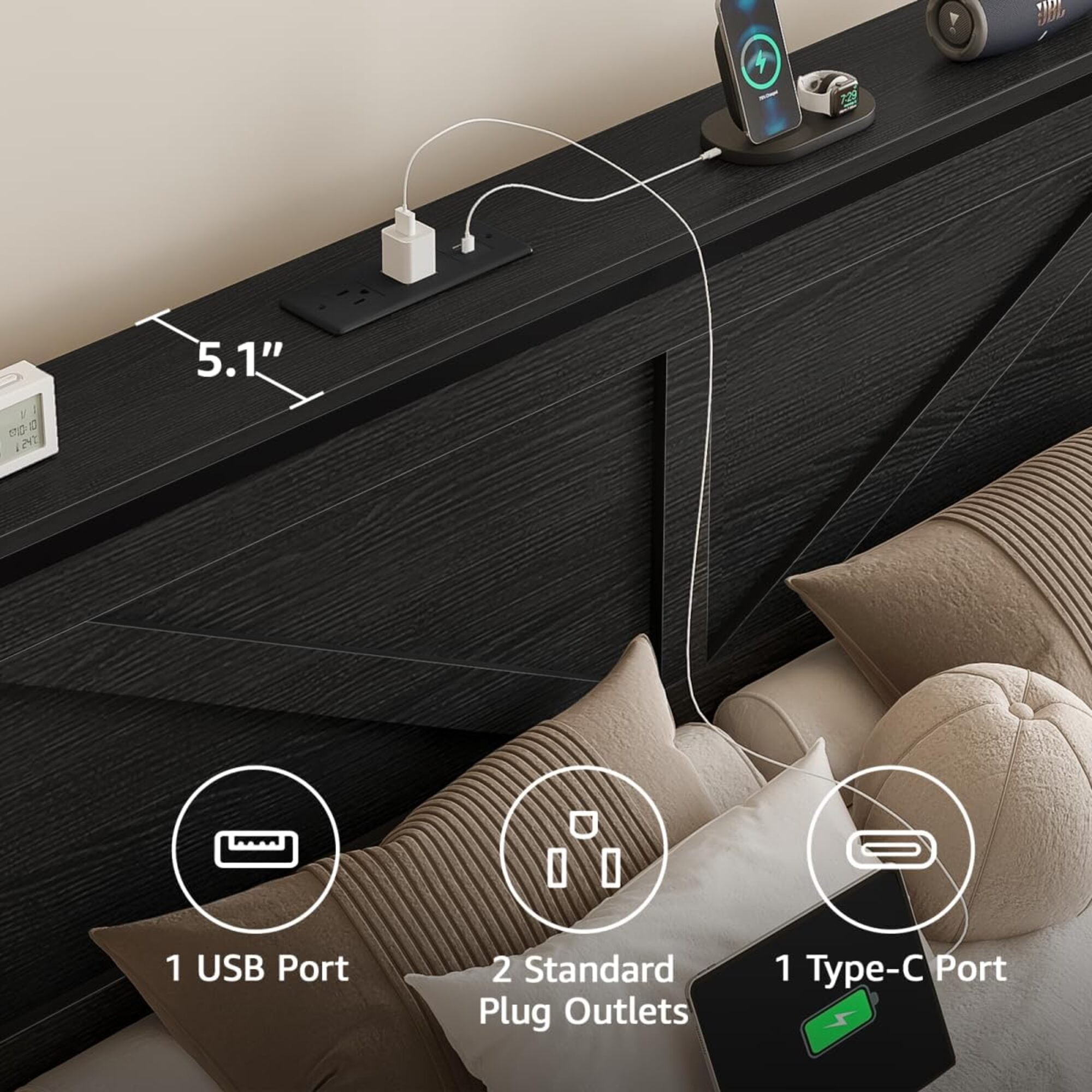 Queen Size Bed Frame with Storage Drawers & Barn Door Headboard, Industrial Farmhouse Platform Bed with LED Lights & Charging Station, No Box Spring Needed (Black)