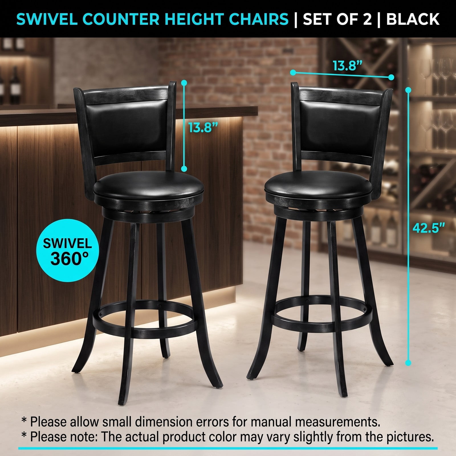 Furnibear Set of 2 29 Inch Swivel Bar Stools, Wood Counter Height Barstools with PVC Cushioned Seat and Panel Back for Kitchen Island Dining, Black