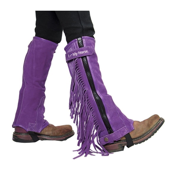 Tahoe Tack Kids Suede Leather Multi Purpose "I Love My Horse" Western Chaps with Fringes - Purple / Medium