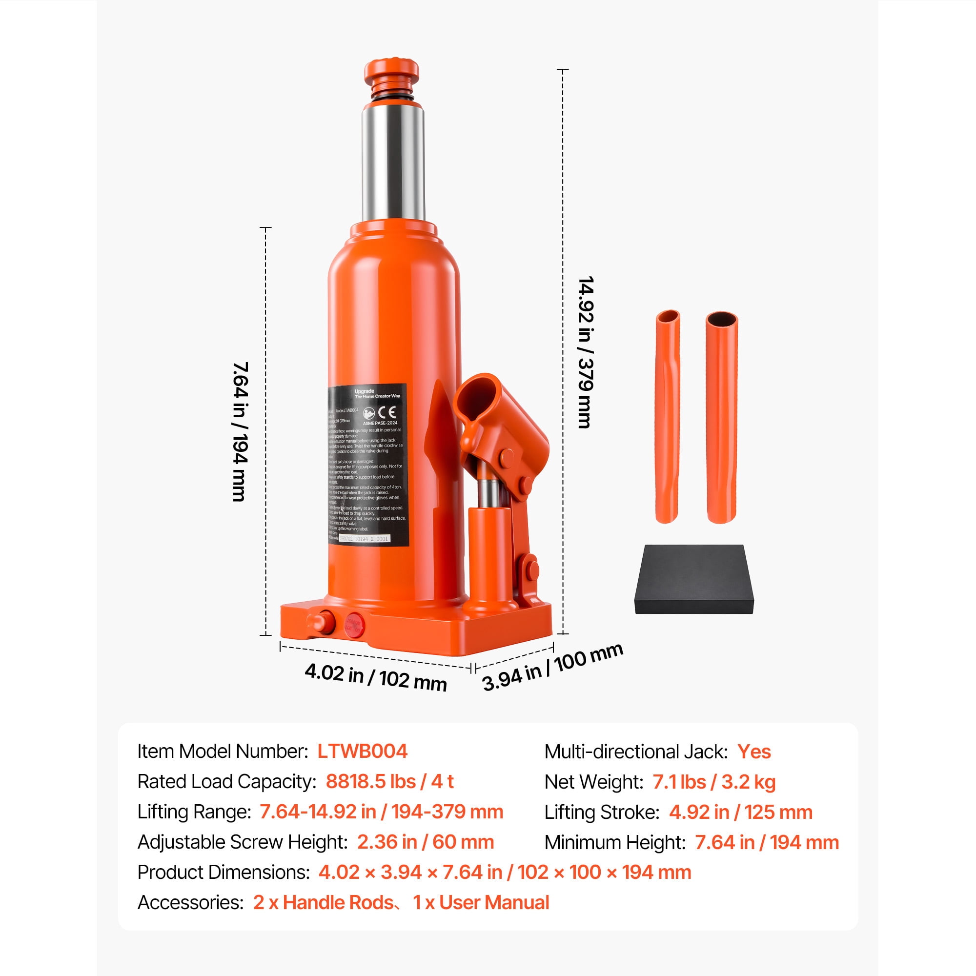 KFFKFF Hydraulic Bottle Jack 4 Ton (8818.5 lbs) with 7.64"-14.92" Lifting Range, Suitable for Midsize Sedans, SUVs, Durable Multi-Directional Jack with Carrying Case and Extended Handle