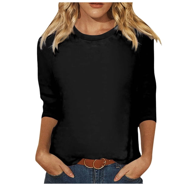 Camisa raglán informal de manga 3/4 para mujer, cuello redondo, poliéster, color liso, estilo informal y moderno, tallas S-XXL