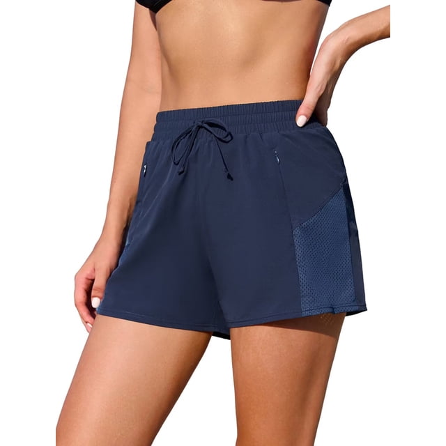 Charmo Womens High Elastic Waisted Swim Bottoms Mesh Board Shorts Drawstring Swim Shorts with Pocket