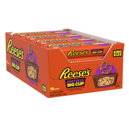 Reese s  Big Cup Stuffed with Pretzels Milk Chocolate Peanut Butter Cups Candy  Gluten Free  2.6 oz  King Size Packs (16 Ct) BB 3/2024