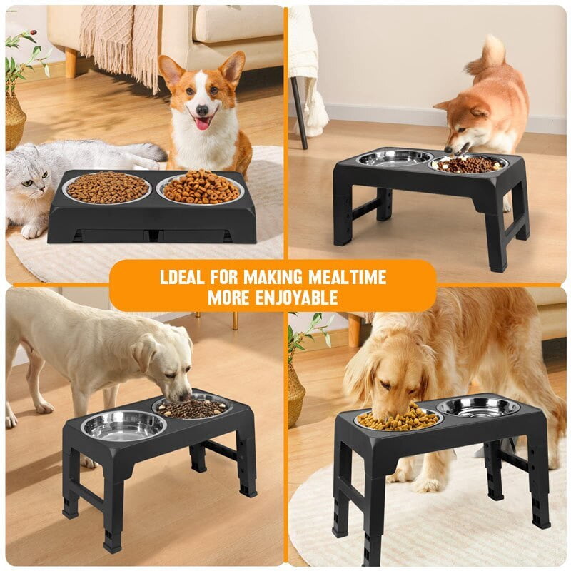 Elevated Dog Feeder Bowls Stand with 2 Stainless Steel Dishes, Raised Dog Bowl Adjusts to 4 Heights for Medium and Large Dogs or Cats（Black）