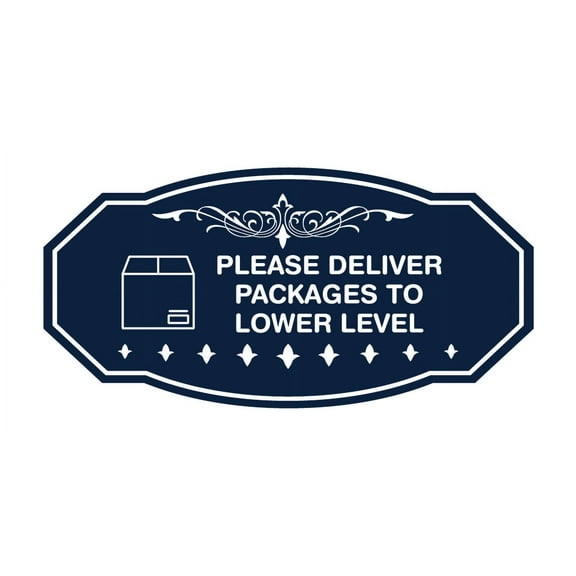 Signs ByLITA Victorian Please Deliver Packages To Lower Level Easy Installation | Shared Accommodation | Sign for Home, Business, AirBNB and Office Spaces Sign (Navy Blue / White) - Large