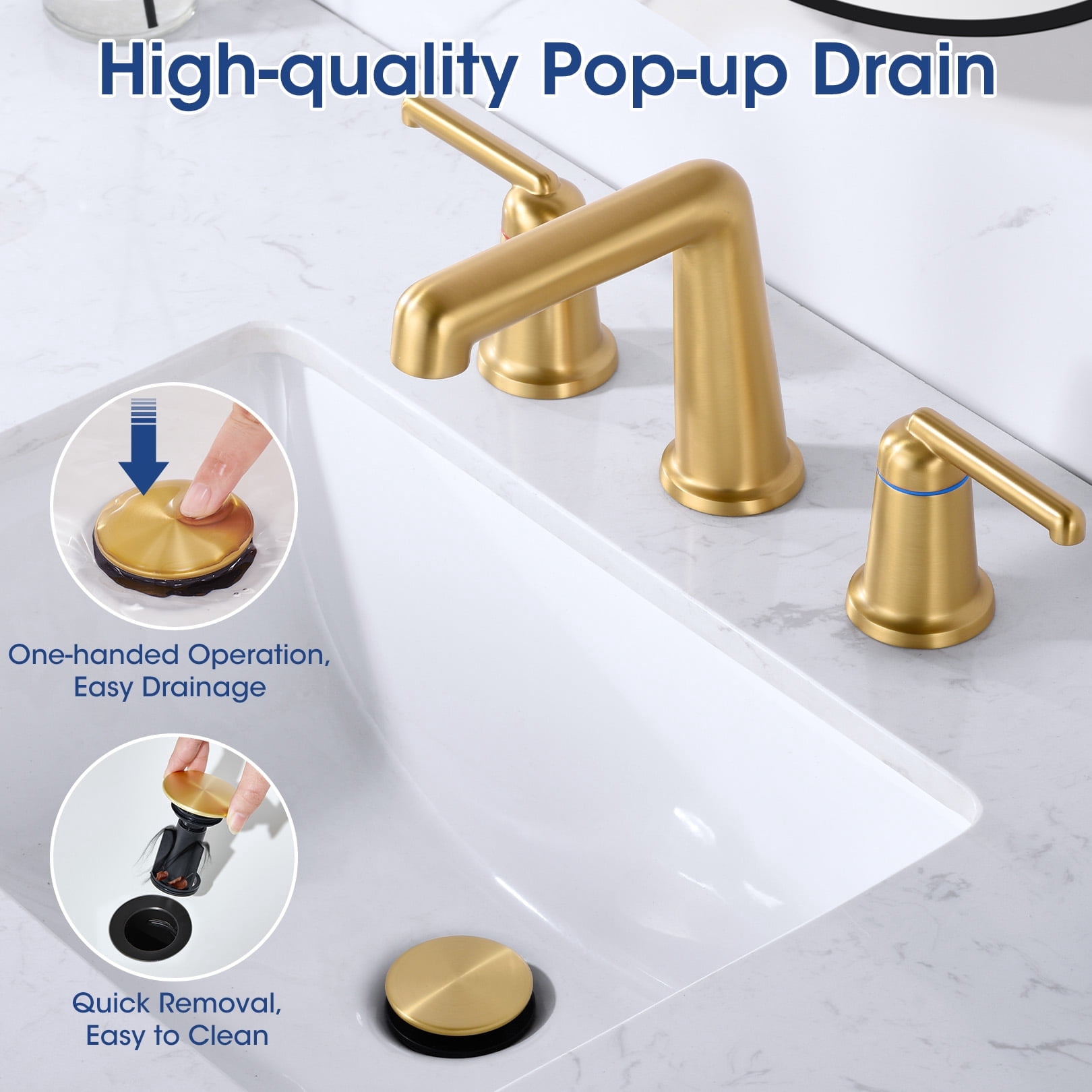 Wowkk 3 Hole Bathroom Faucet 2 Handle Widespread Bathroom Sink Faucet with Pop up Drain and Supply Lines, Brass Vanity Faucet for Rv Farmhouse Lavatory Restroom Sink, Brushed Gold